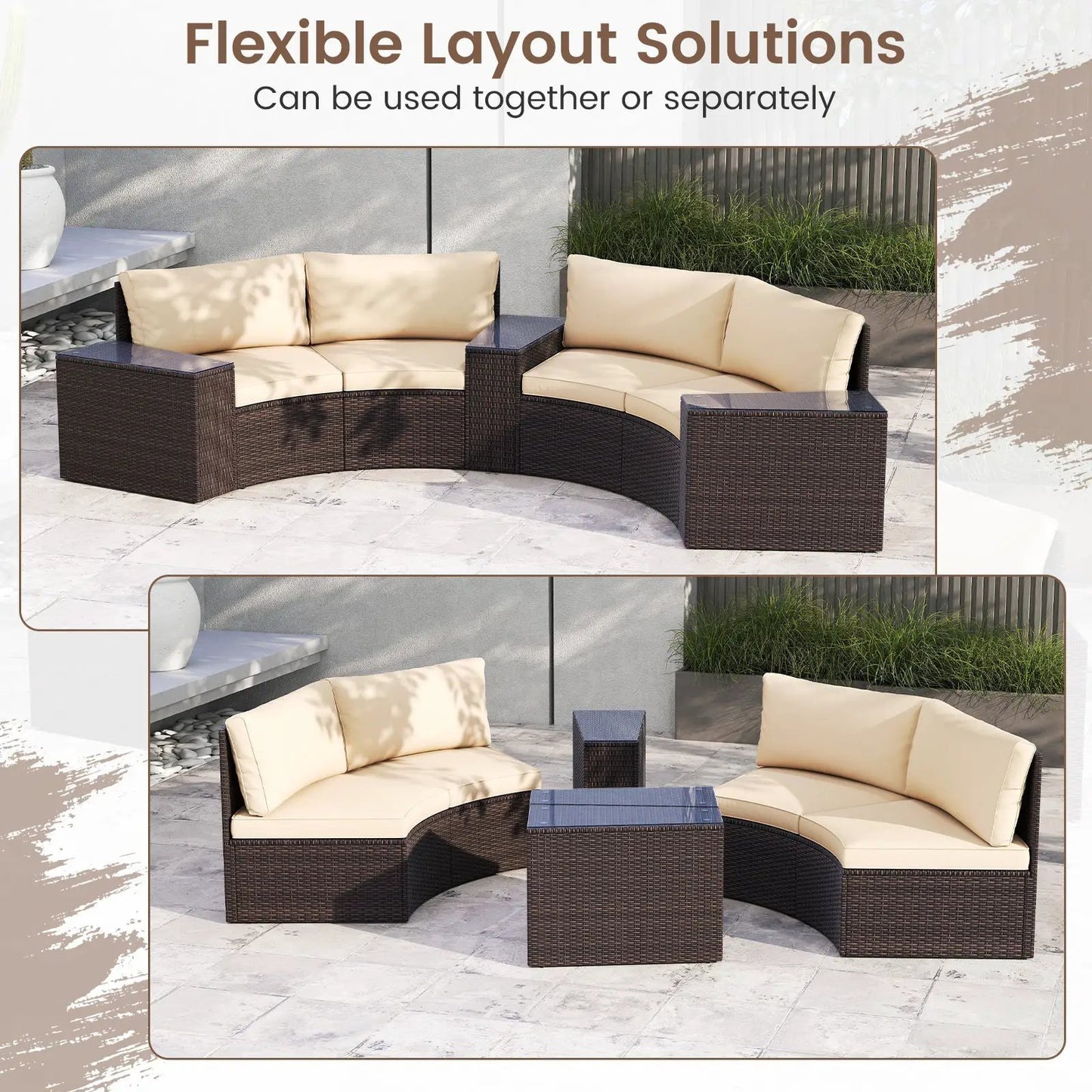 5-piece rattan patio furniture set with beige cushions and curved seating with tables on Tampa Home & Garden Store