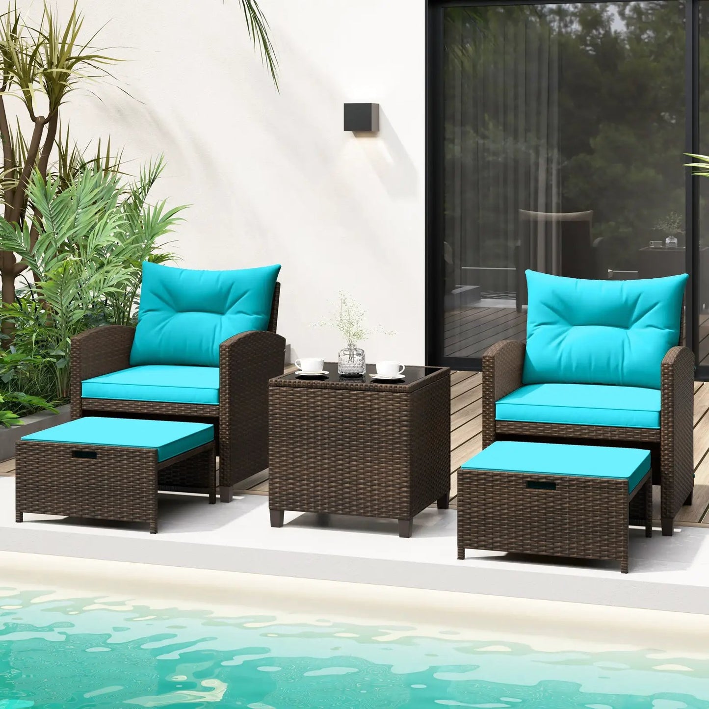 5-Piece patio rattan set with turquoise cushions, 2 ottomans, tempered glass coffee table on Tampa Home & Garden Store