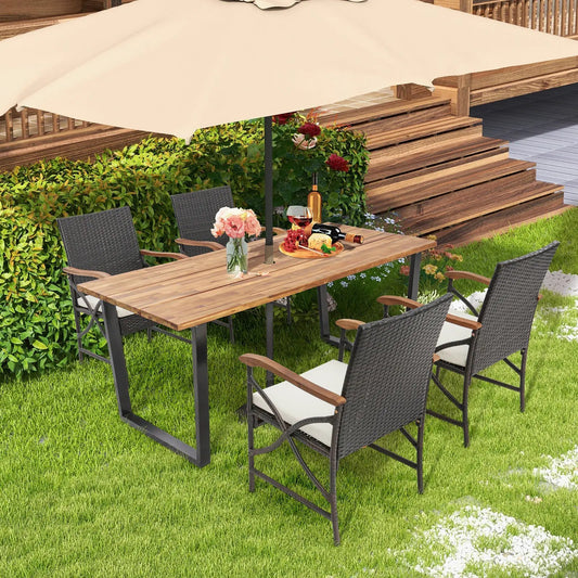 5-piece patio rattan dining set with acacia tabletop and armrests on Tampa Home & Garden Store