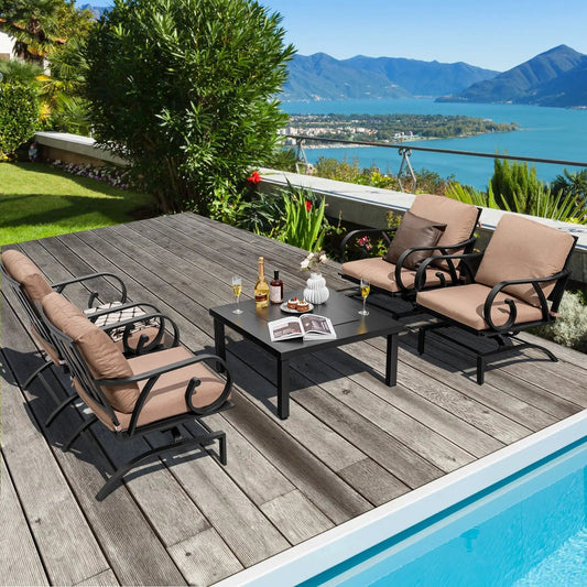 5-Piece patio rocking chair set with beige cushions and square table on a deck overlooking lake on Tampa Home & Garden Store