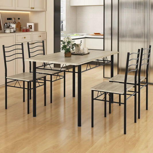 5 Pieces Wood Metal Dining Table Set with 4 Chairs-Natural - Tampa Home & Garden Store