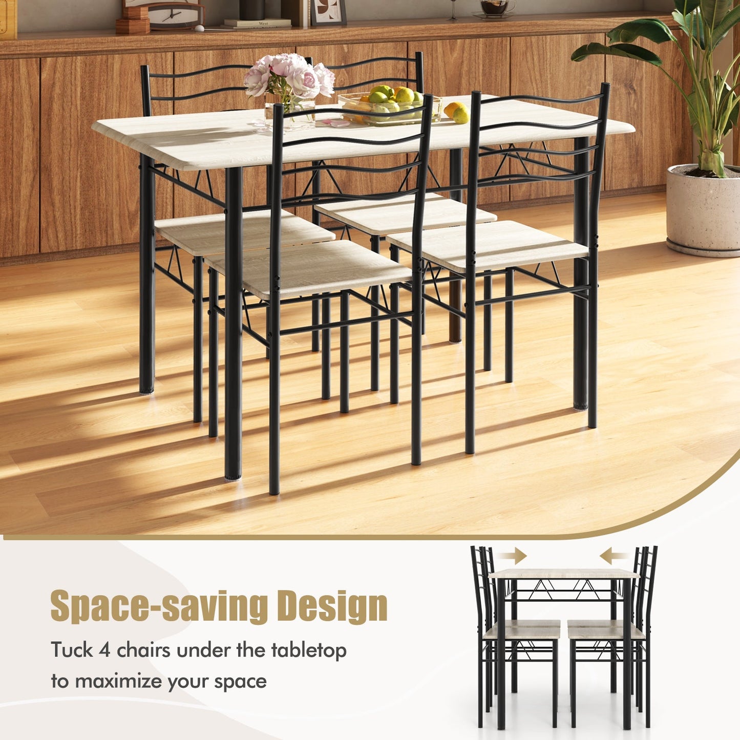 5 Pieces Wood Metal Dining Table Set with 4 Chairs-Natural - Tampa Home & Garden Store