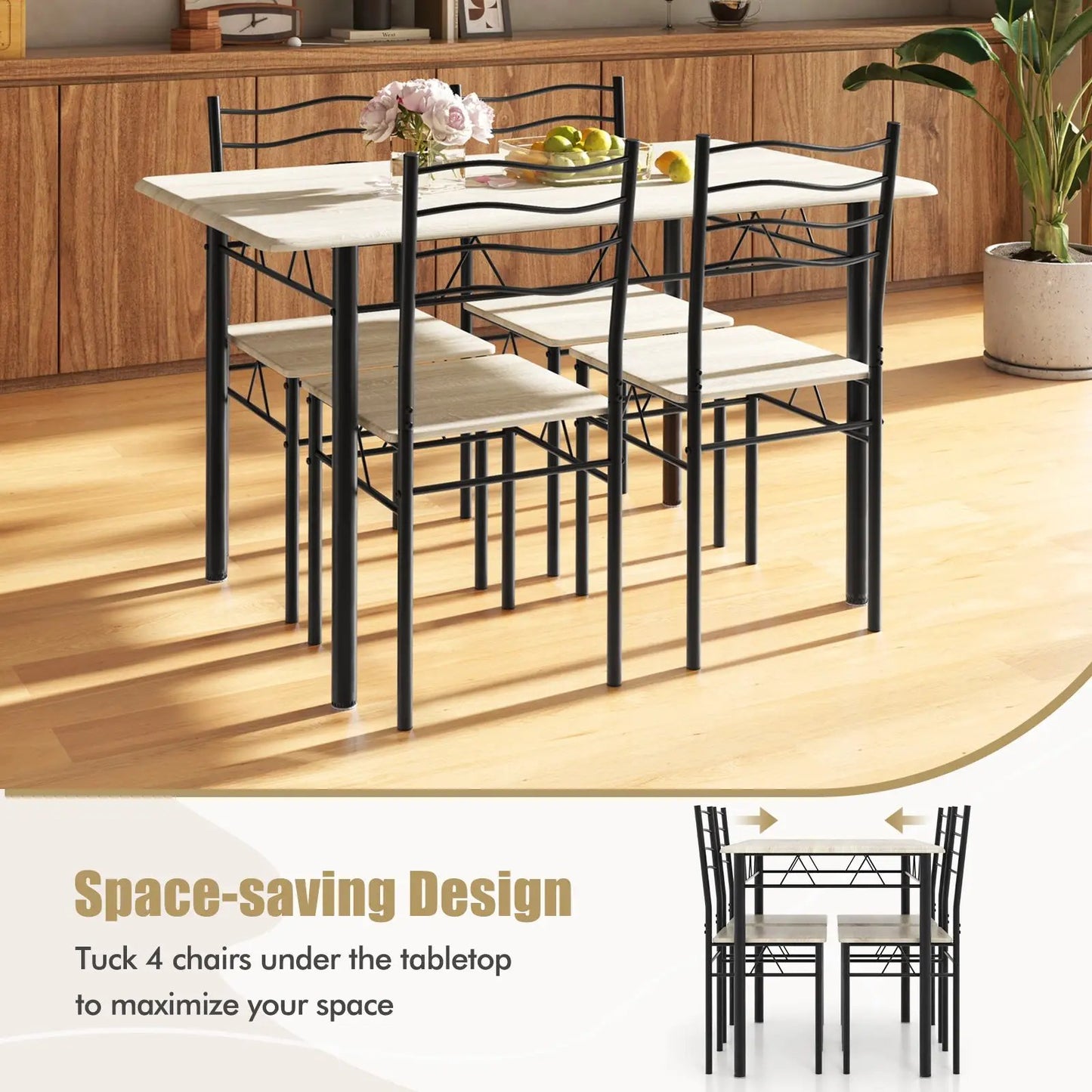 5 Piece Wood Metal Dining Table Set with 4 Chairs, black frame, light wood seats on Tampa Home & Garden Store