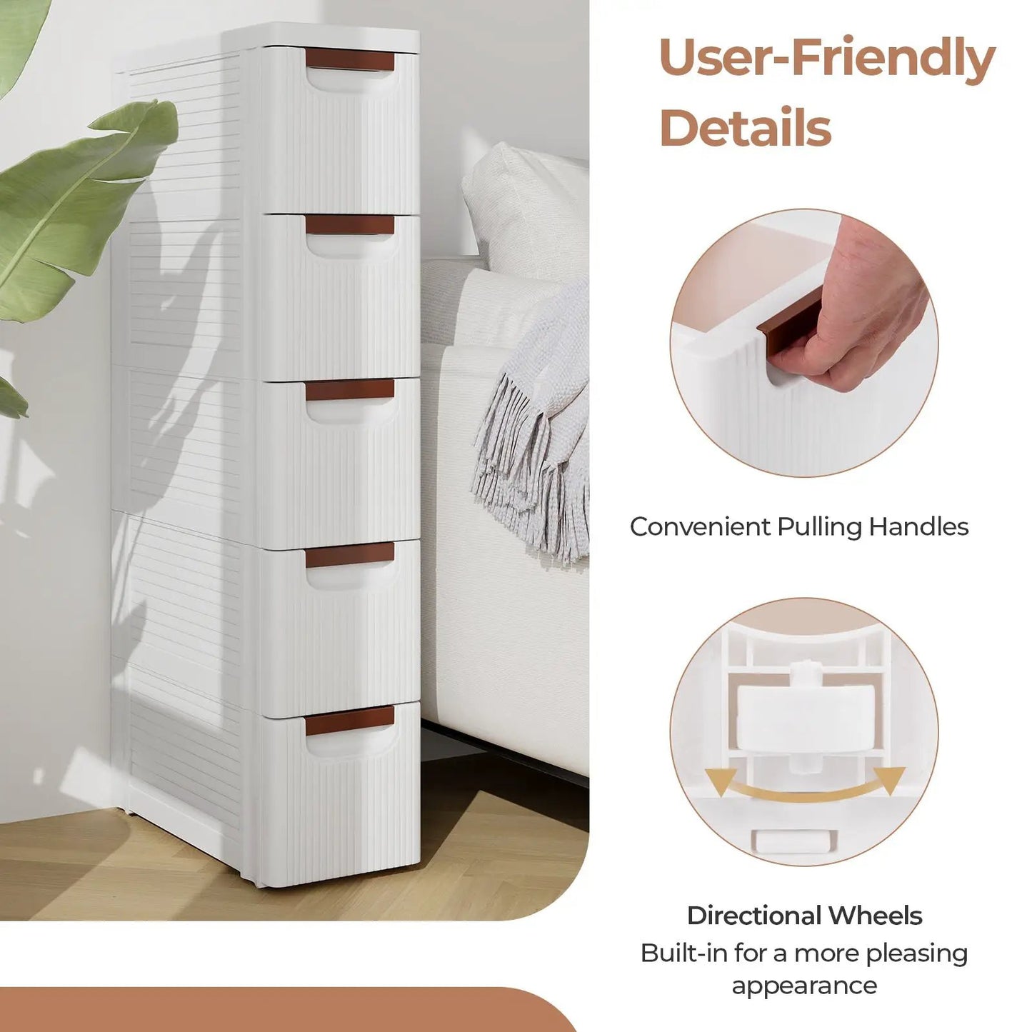 5-Drawer Rolling Organizer Cabinet with Wheels in white, brown pull handles beside sofa DirectDeals on Tampa Home & Garden Store