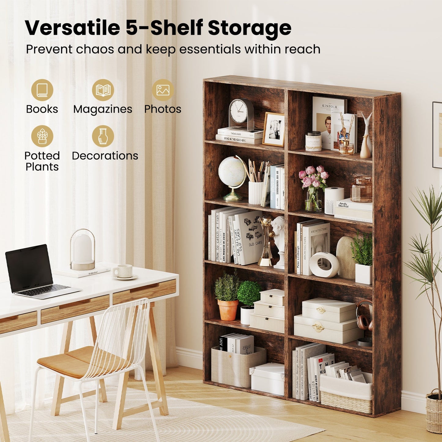 5-Tier Bookshelf Bookcase in rustic brown finish with display items on Tampa Home & Garden Store