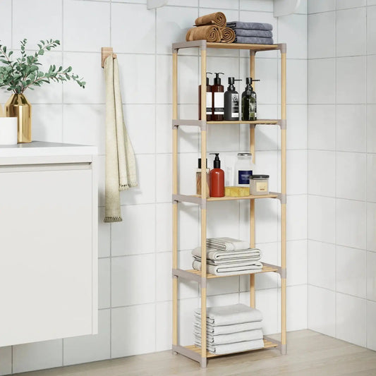 5-Tier Pine Wood Bookshelf with Open Shelves in a tiled bath, towels and bottles on shelves on Tampa Home & Garden Store