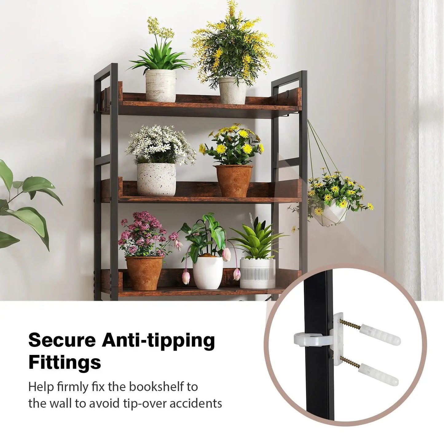 5-tier bookshelf with 4 hooks industrial rustic shelves dark metal frame with plants on Tampa Home & Garden Store