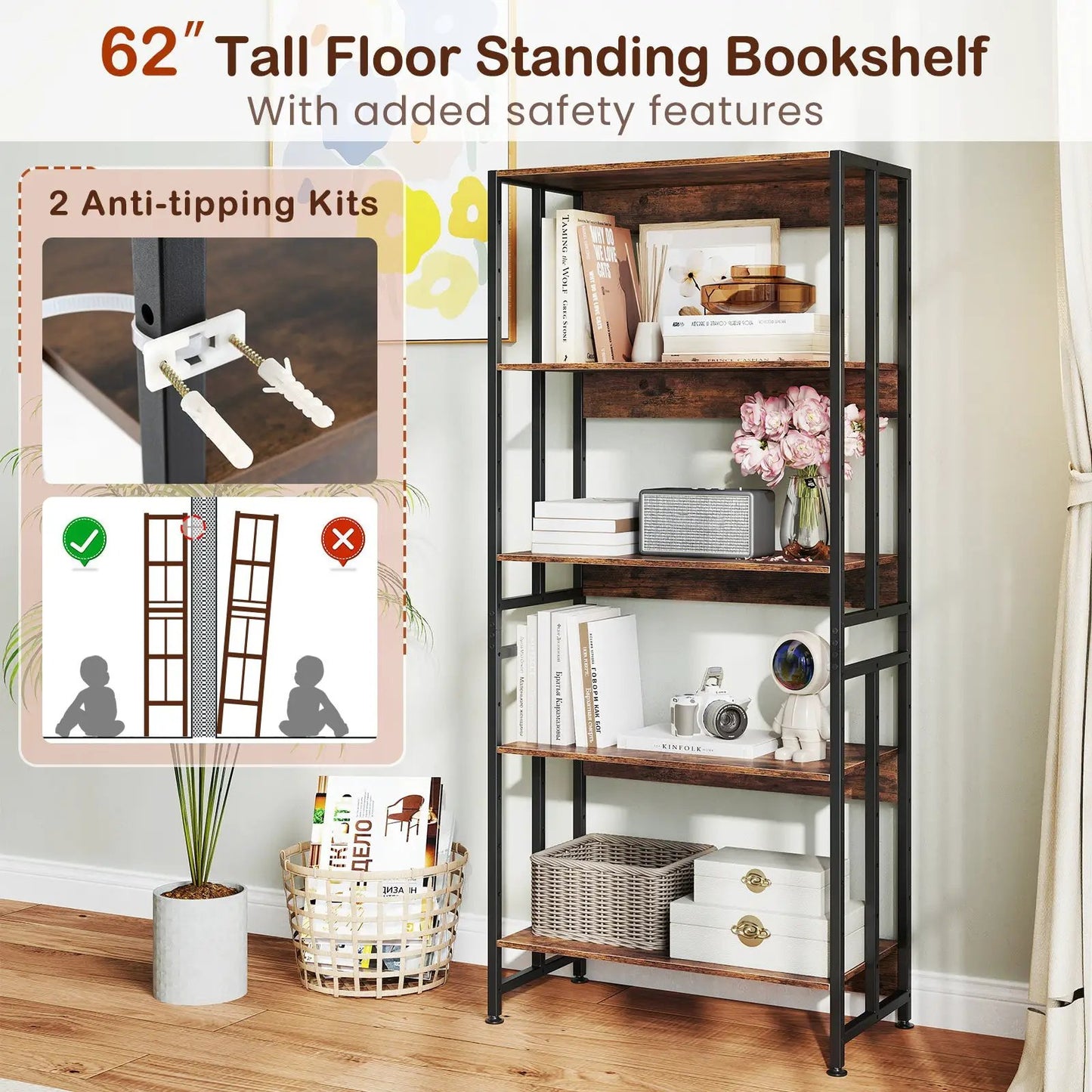 5-Tier Bookshelf with Adjustable Tiltable Shelves dark wood shelves and metal frame on Tampa Home & Garden Store