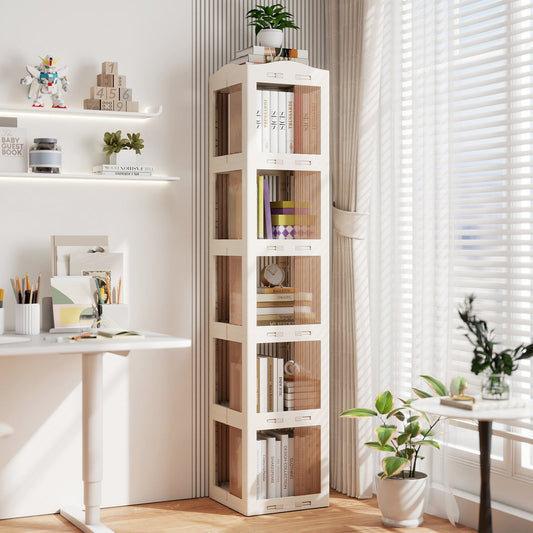 5-Tier Foldable Rotating Bookshelf 360ยฌโ Spinning Bookcase with Swivel Base-White - Tampa Home & Garden Store