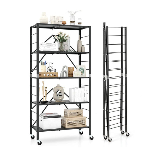 Five-Tier Foldable Storage Shelf with Wheels Black by DirectDeals, two units on Tampa Home & Garden Store