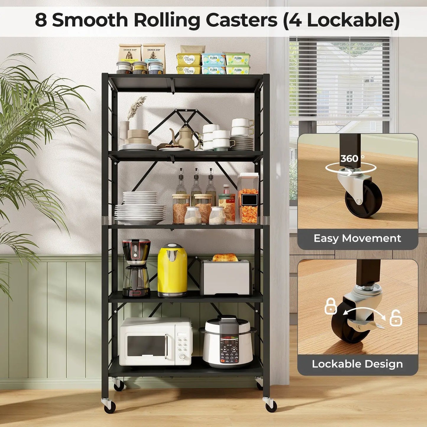 Five Foldable Storage Shelf with Wheels Black metal frame DirectDeals on Tampa Home & Garden Store