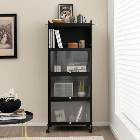 DirectDeals black 5-tier kitchen bakers rack with flip-up doors and ribbed glass drawers on Tampa Home & Garden Store