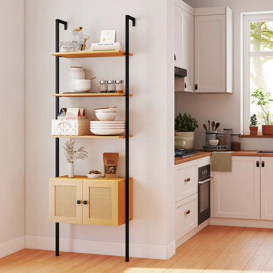 Five-tier ladder bookcase with rattan cabinet, black metal frame and natural wood shelves on Tampa Home & Garden Store