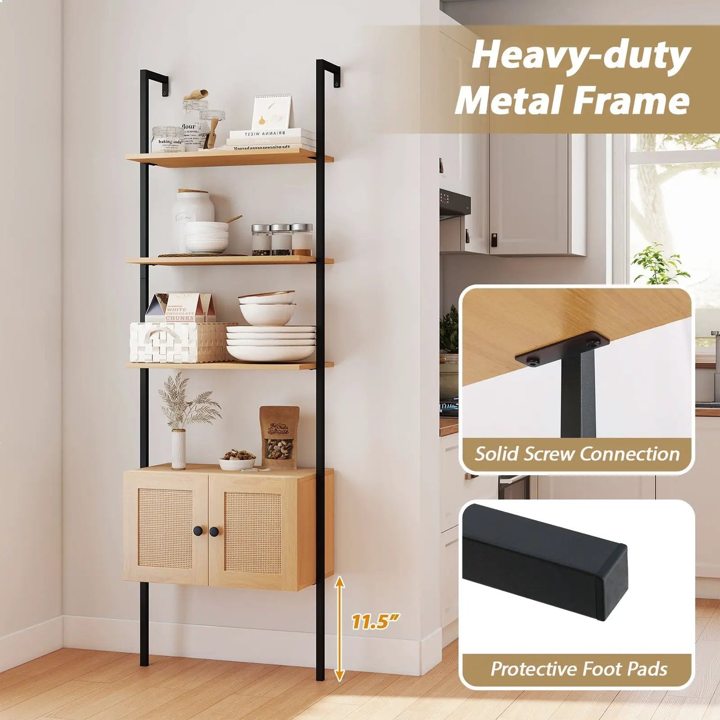 Five-Tier Ladder Bookcase with Rattan Cabinet on a black metal frame and natural wood shelves on Tampa Home & Garden Store