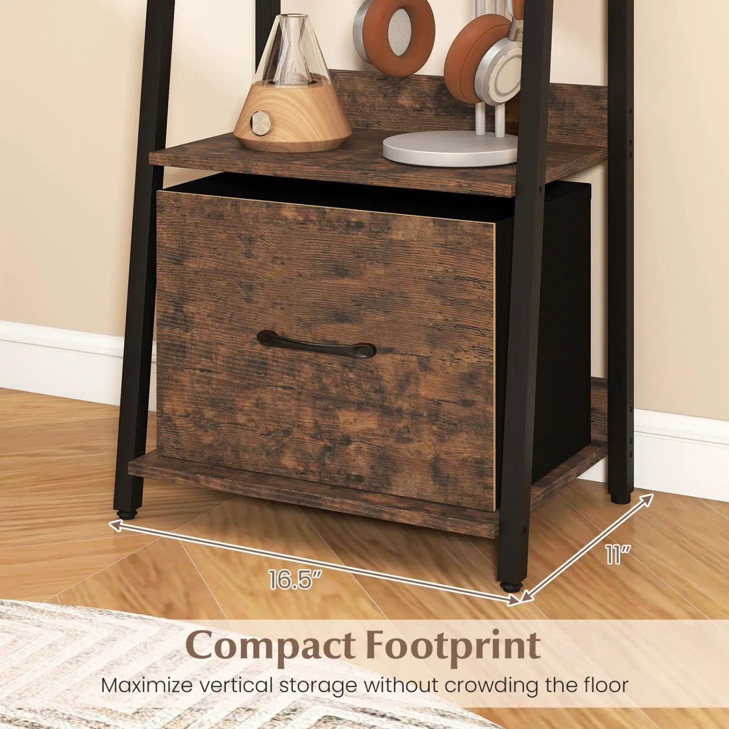 5-Tier Ladder Bookshelf With Fabric Drawer