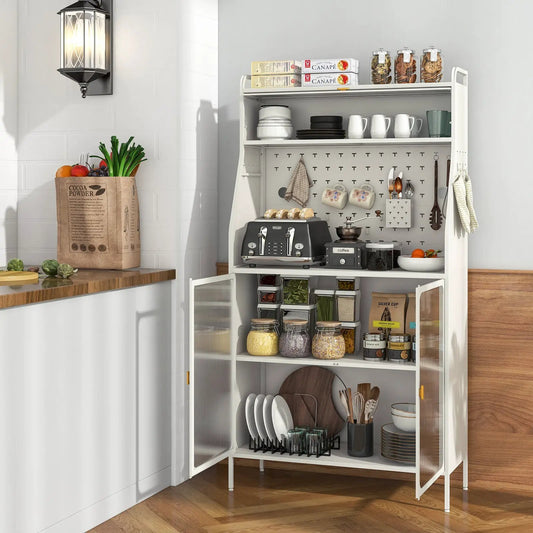 5-Tier Metal Baker's Rack with Pegboard and Door, white pegboard back holds dishes jars on Tampa Home & Garden Store