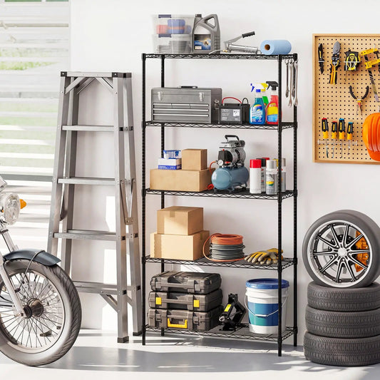 Five-tier black metal shelving unit with V-shaped wire rack for industrial storage DirectDeals on Tampa Home & Garden Store