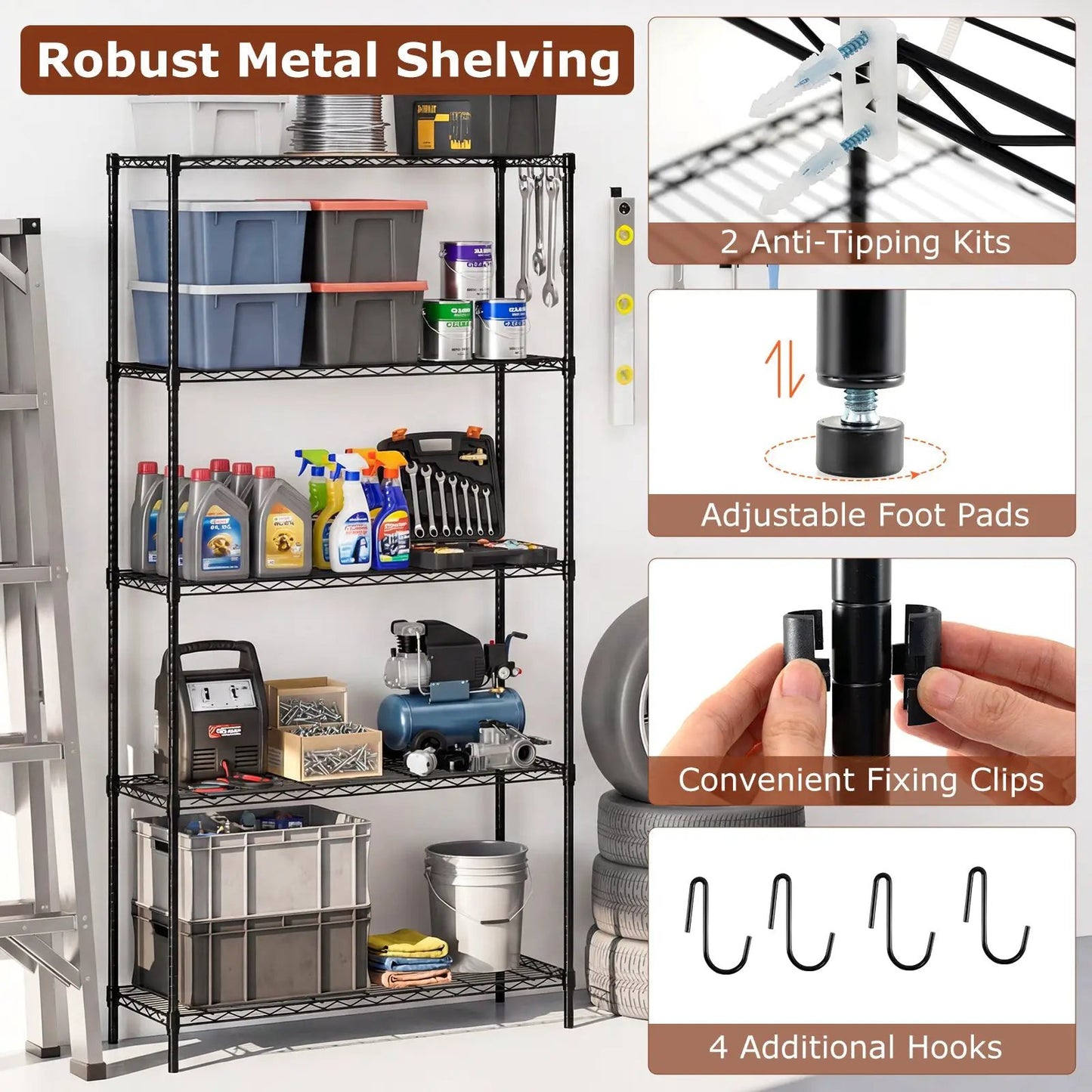 Five-tier black metal shelving unit with V-shaped wire rack for storage DirectDeals on Tampa Home & Garden Store