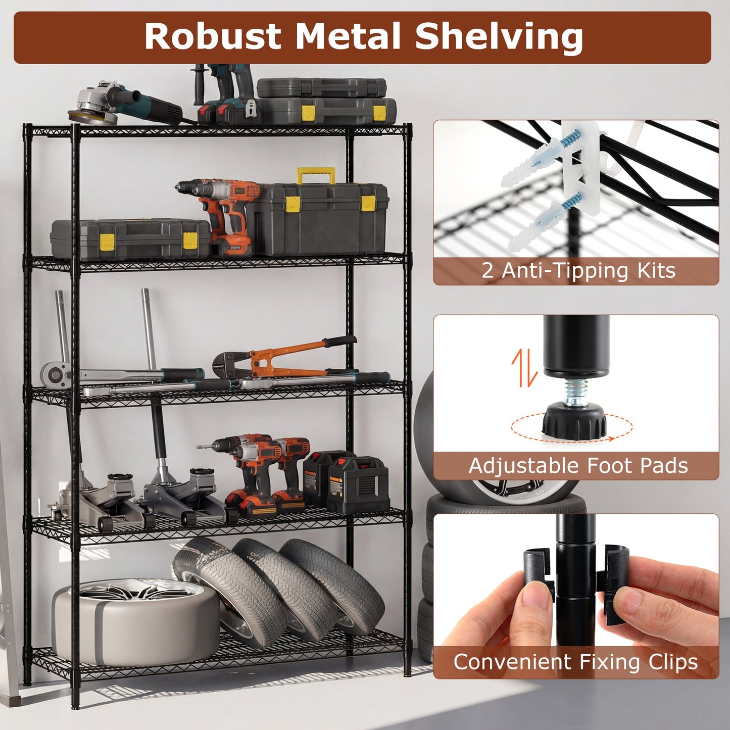 5-Tier black metal storage shelving unit with wire rack for garage or workshop on Tampa Home & Garden Store
