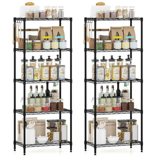 5-Tier V-Shaped Rack metal shelving unit set of 2 in black with jars on shelves on Tampa Home & Garden Store