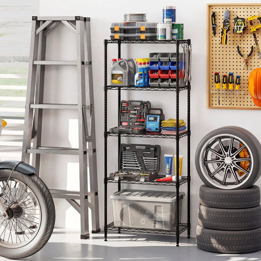 5-Tier Metal Storage Shelving Unit Black with wire grid shelves on Tampa Home & Garden Store