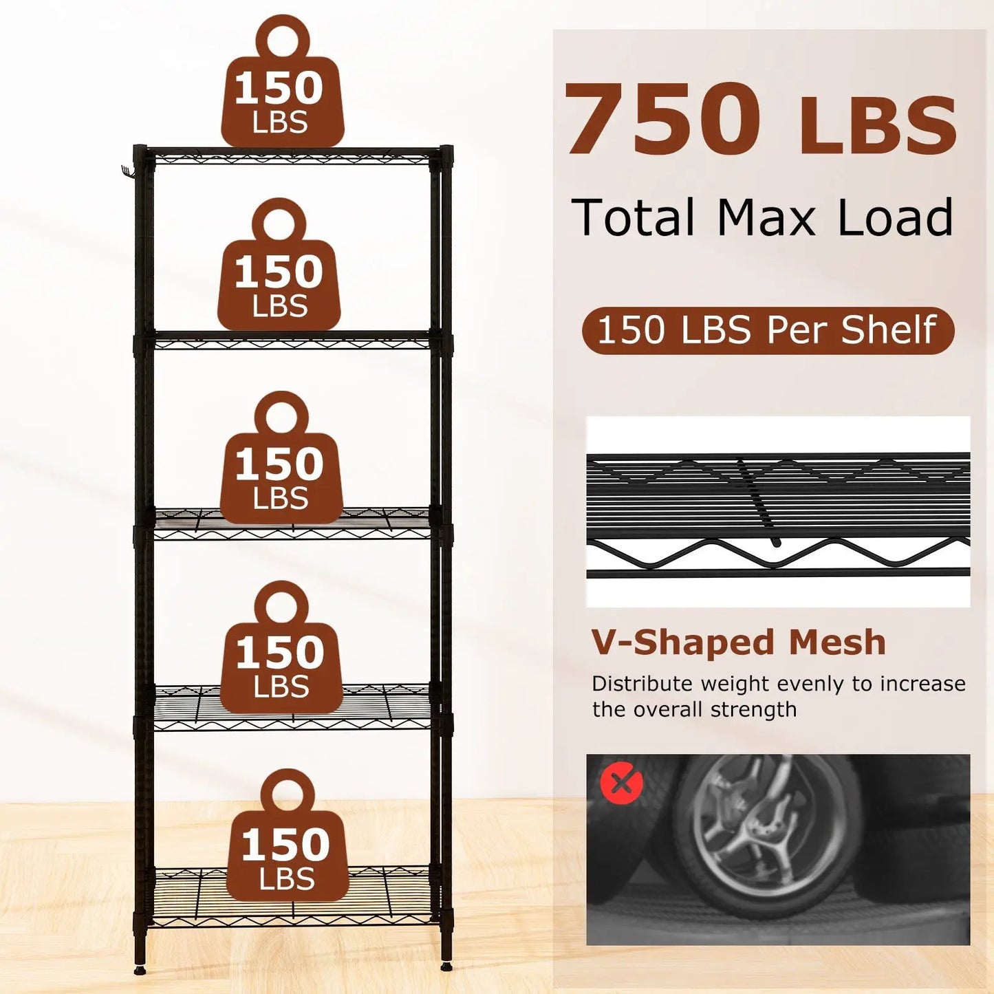 5-Tier black metal storage shelving unit with wire shelves, 150 lbs per shelf on Tampa Home & Garden Store