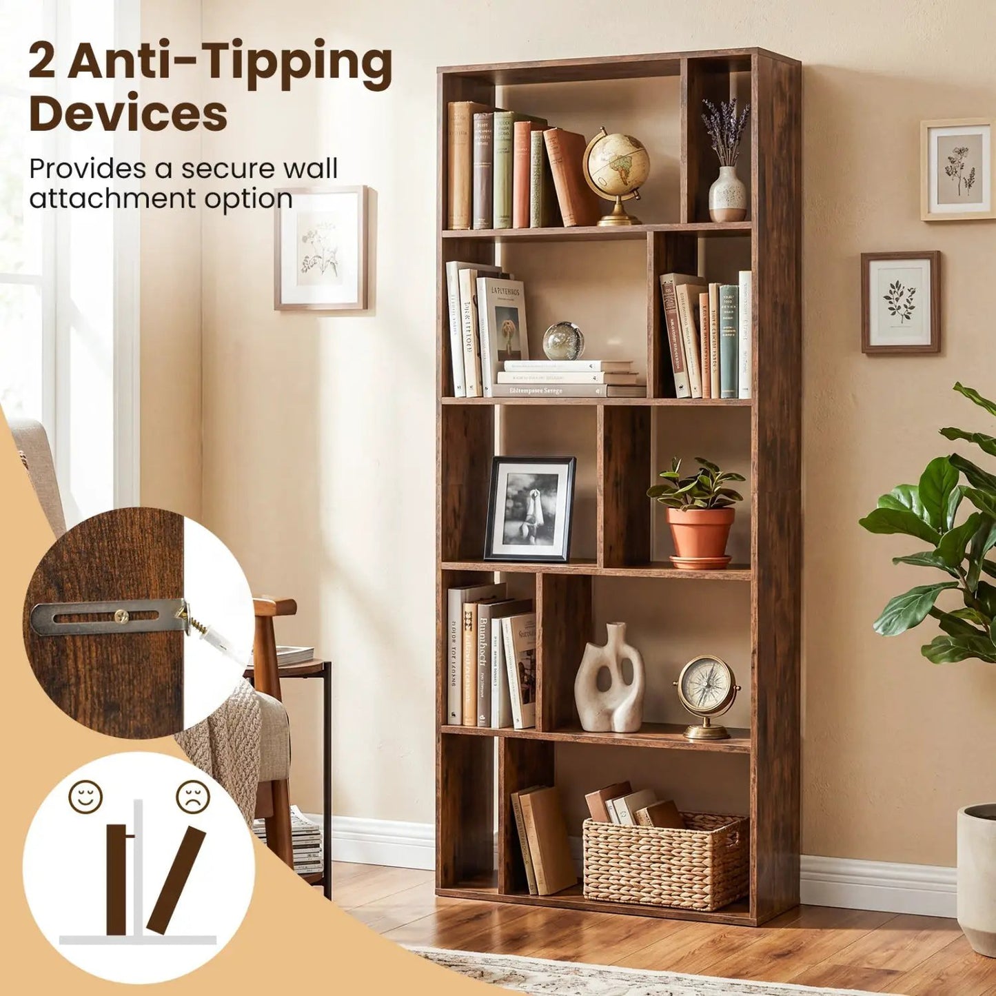 5-Tier Bookshelf with Open Back and Anti-Tipping