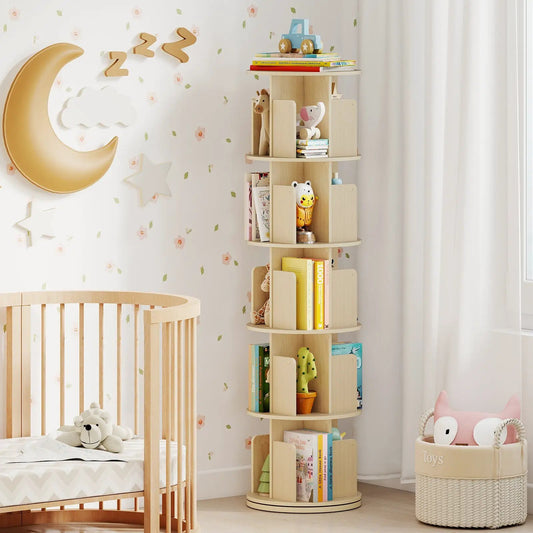 Five-Tier Rotating Bookshelf with 360 Rack in light wood, children's bookcase with books on Tampa Home & Garden Store