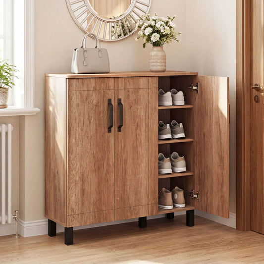 Five-tier oak shoe storage cabinet with two doors and open shelving DirectDeals on Tampa Home & Garden Store