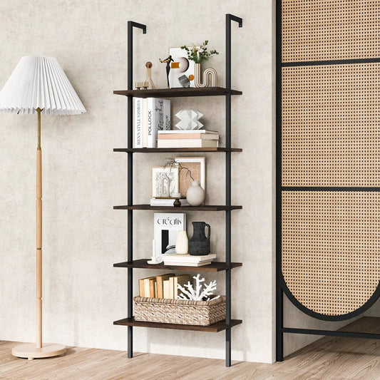 5 Tier Ladder Shelf Wall-Mounted Bookcase with Steel Frame-Brown - Tampa Home & Garden Store