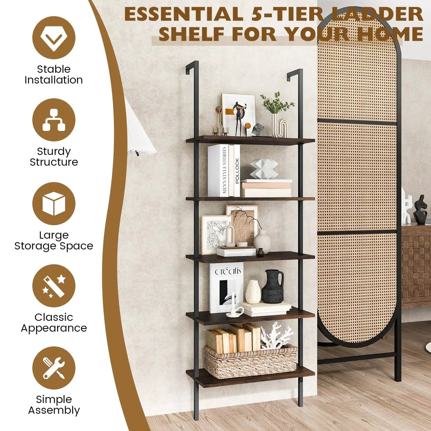 5 Tier Ladder Shelf Wall Mounted Bookcase Brown with black metal frame DirectDeals on Tampa Home & Garden Store