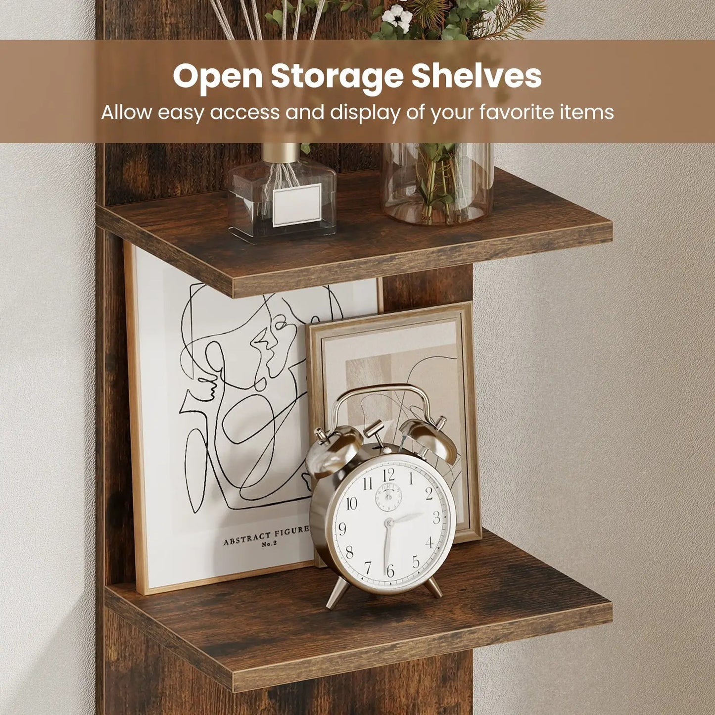 Five Tier Wall Mounted Shelf With Wood Grain in dark finish with 2 framed prints and a clock on Tampa Home & Garden Store