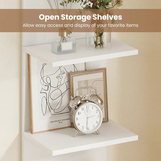 Five-tier wall mounted shelf in white with wood grain trim, styled with clock and artwork on Tampa Home & Garden Store