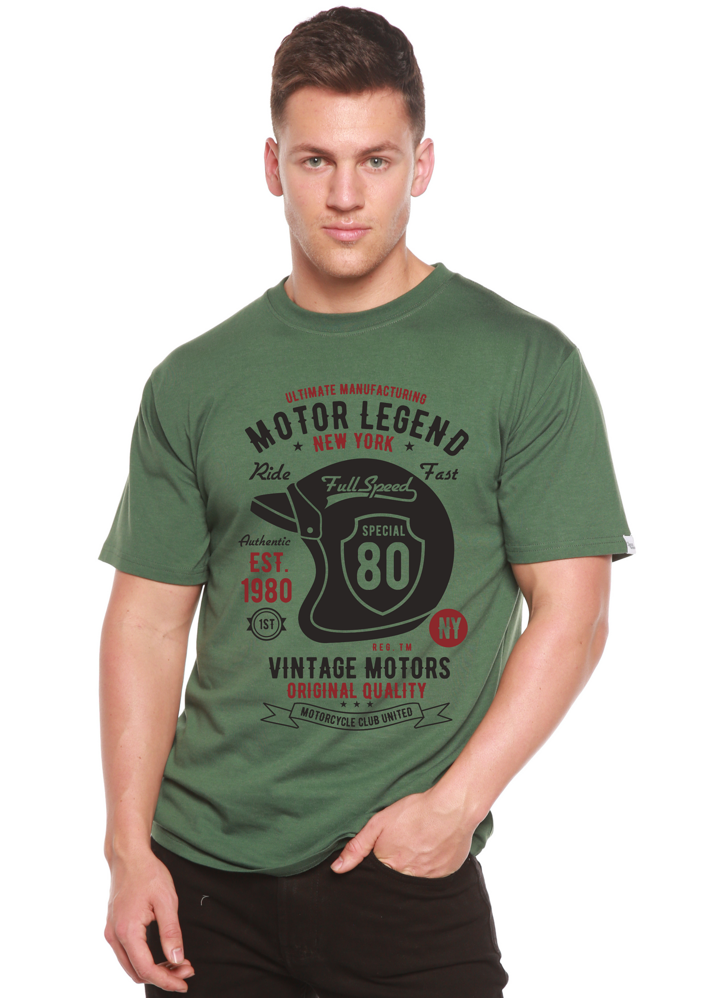Motor Legend Helmet graphic T-shirt for men in green bamboo viscose/organic cotton by Spun Bamboo on Tampa Home & Garden Store