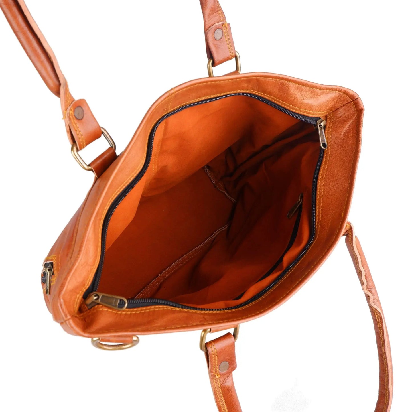 Elegant Montabella Tote Bag for Women leather tote, tan brown with gold hardware, zip top, orange lining on Tampa Home & Garden Store