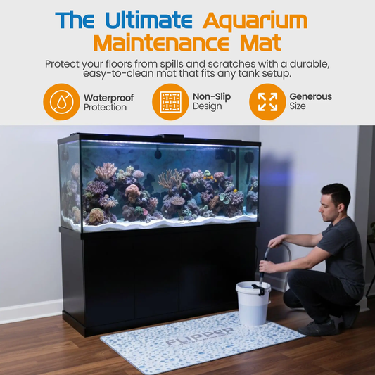 Flipper Aquarium Splash Mat For Non Slip in front of aquarium; cleaner kneels with bucket on Tampa Home & Garden Store