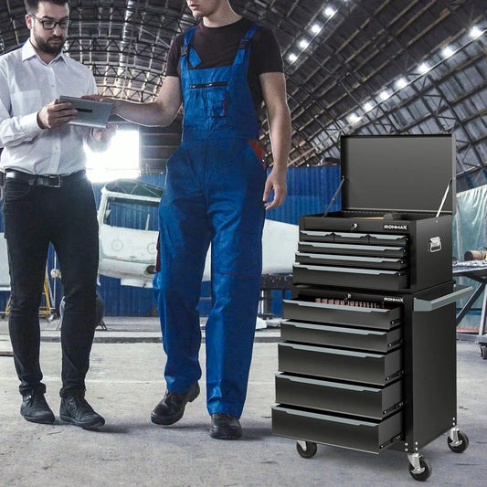 5-drawer black IronMAX tool cabinet on wheels with locking system in workshop setting on Tampa Home & Garden Store