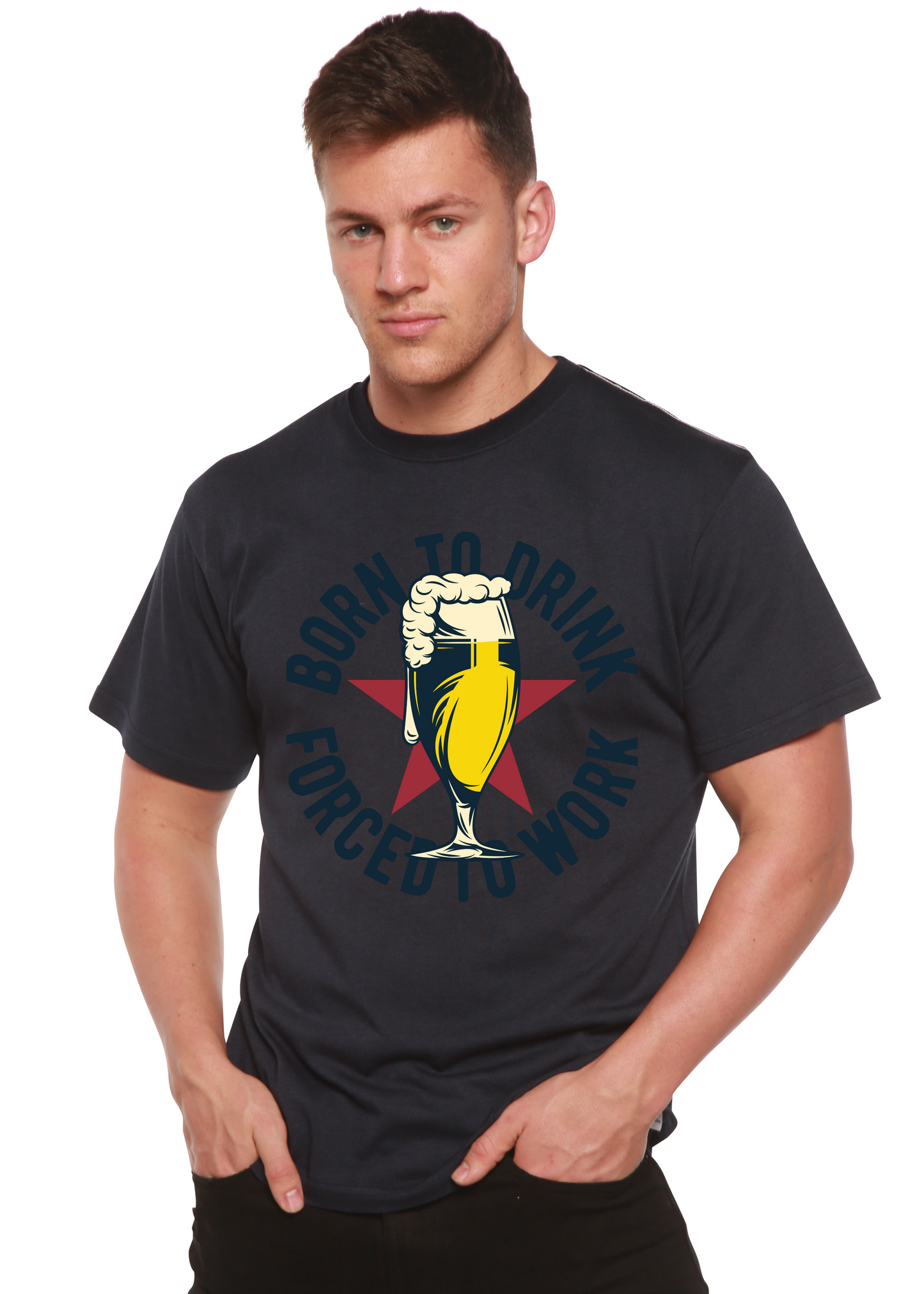 Men's navy graphic tee with beer glass and foam, circular Born to Drink text on front on Tampa Home & Garden Store