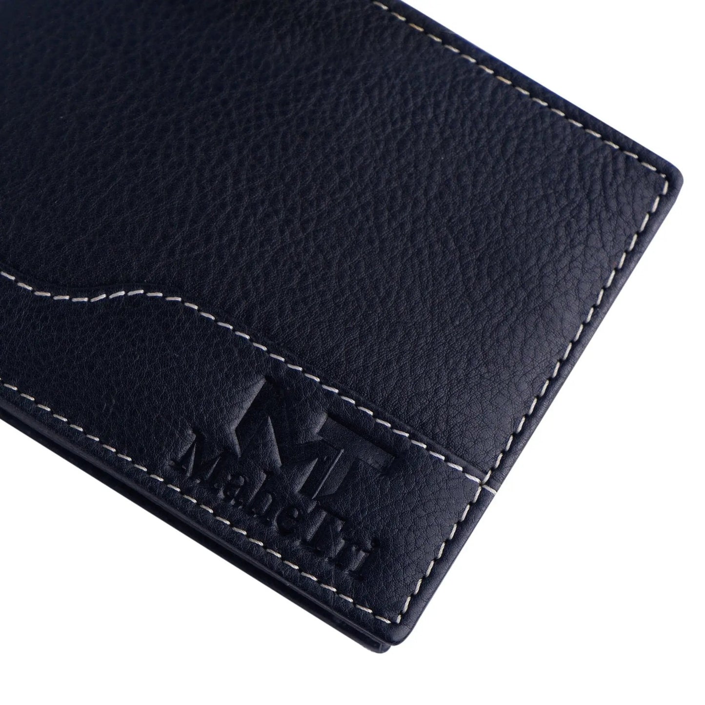 Slim navy leather bi-fold wallet with ID slot and card slots on Tampa Home & Garden Store