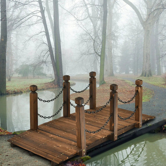 5 ft Arc wooden garden bridge with rails, brown wood and chain railings over a misty pond on Tampa Home & Garden Store