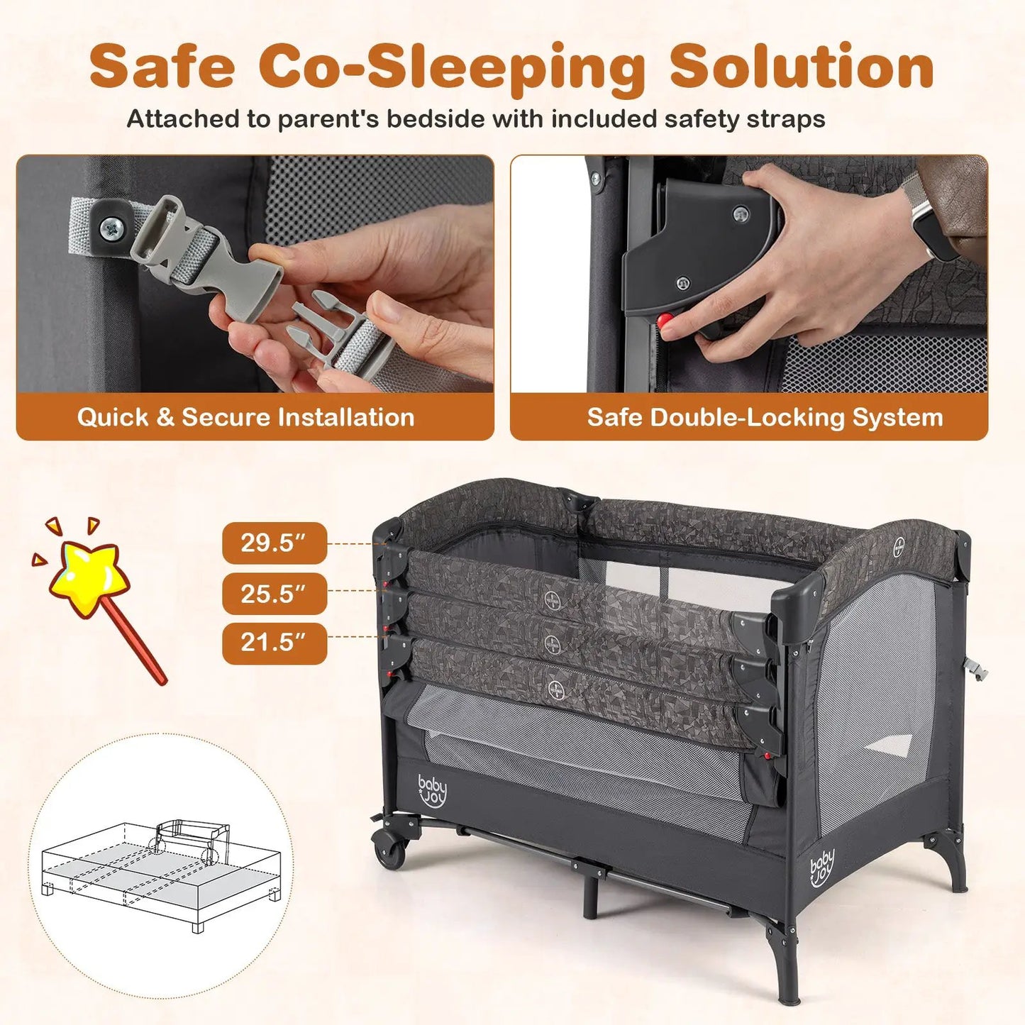 5-in-1 bedside bassinet with diaper changer and mattress, gray fabric, Baby Joy on Tampa Home & Garden Store