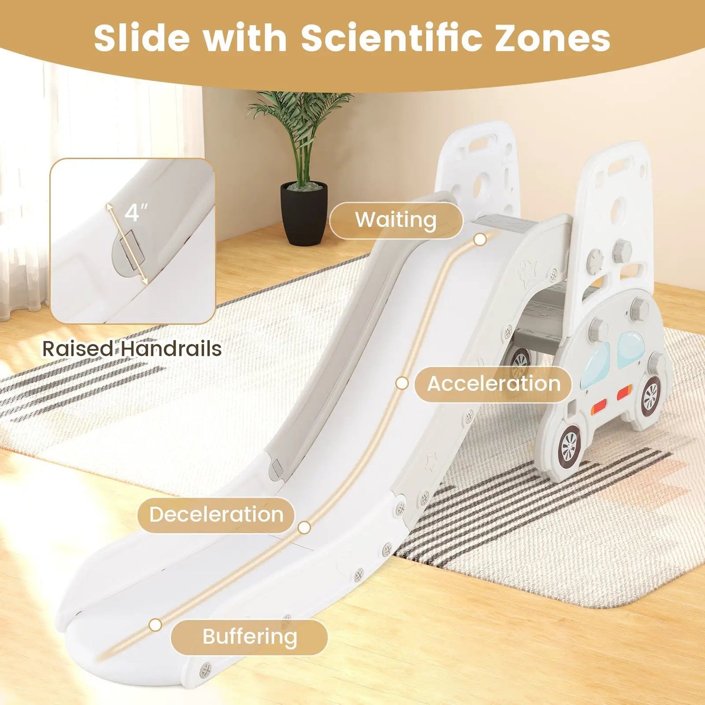 White plastic 5-in-1 convertible toddler slide set art easel with raised handrails on Tampa Home & Garden Store