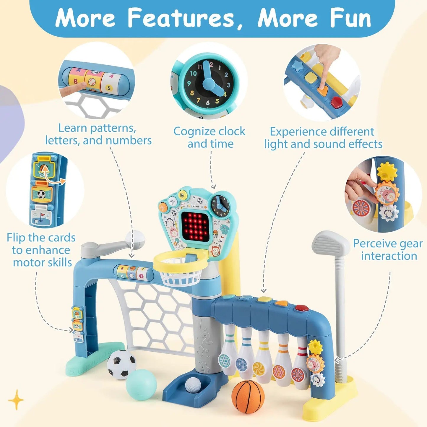 5 in 1 Toddler Sports Toy with Adjustable Hoop blue activity center with clock and ball toss on Tampa Home & Garden Store