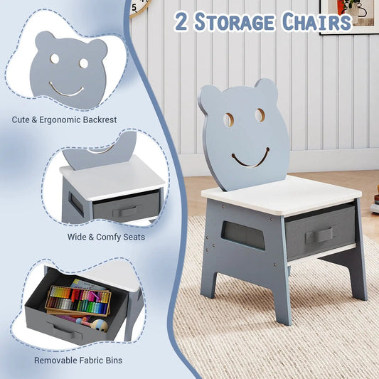Five in One Toddler Table and Chairs Art Desk Set with bear face backrest blue gray on Tampa Home & Garden Store