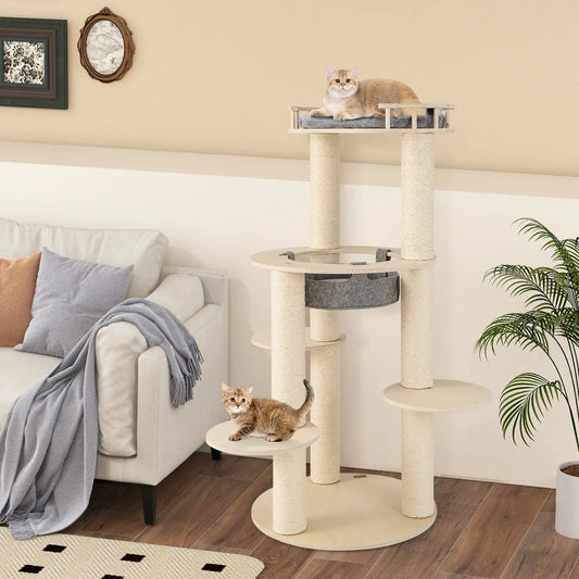5-Level wooden cat tree with padded gray top perch and rope-wrapped posts in living room on Tampa Home & Garden Store