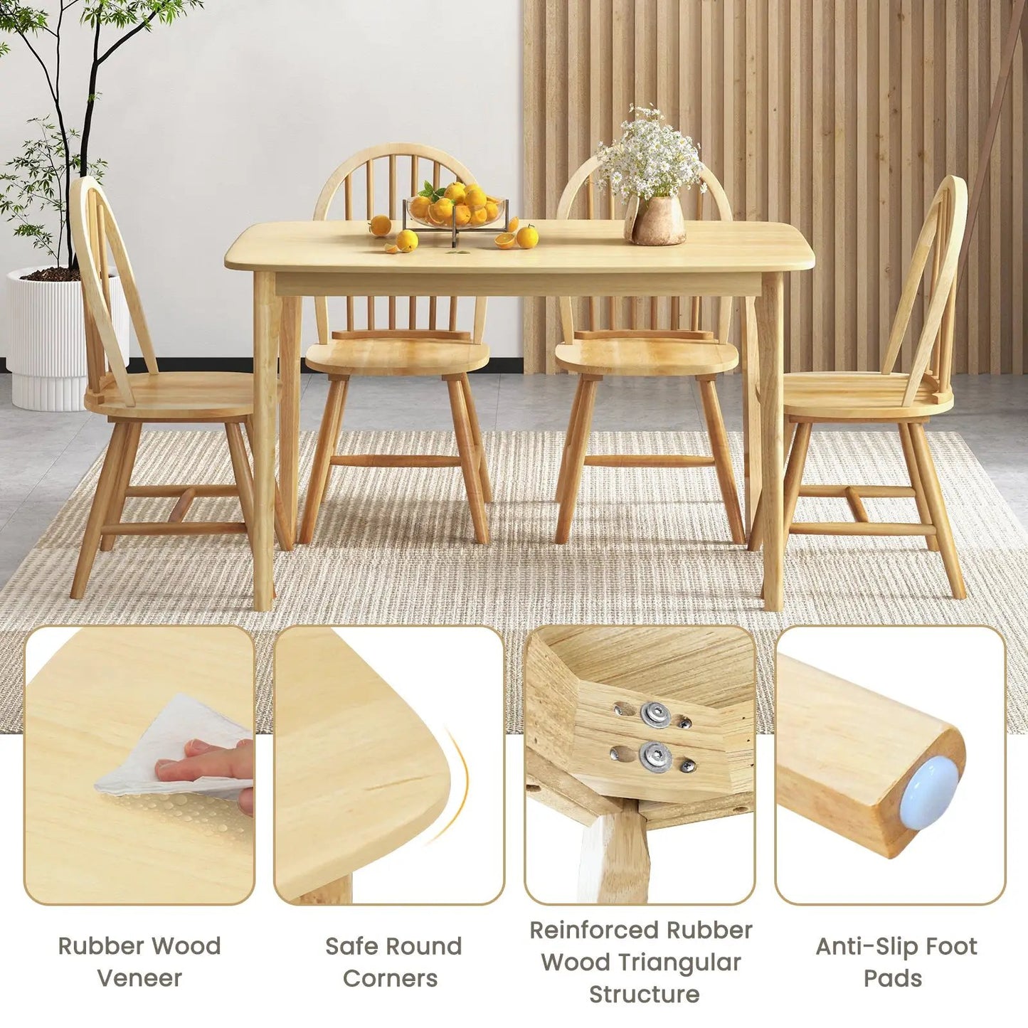 5 Pieces Wooden Dining Table Set with 4 Windsor Chairs - Tampa Home & Garden Store