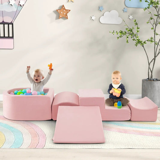 5-Piece Climb and Crawl Playset With Ball Pit pink foam blocks and balls; 2 kids playing on Tampa Home & Garden Store