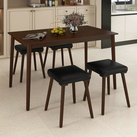 5 Piece Dining Table Set for 4 — dark brown wood table with four black cushioned stools on Tampa Home & Garden Store