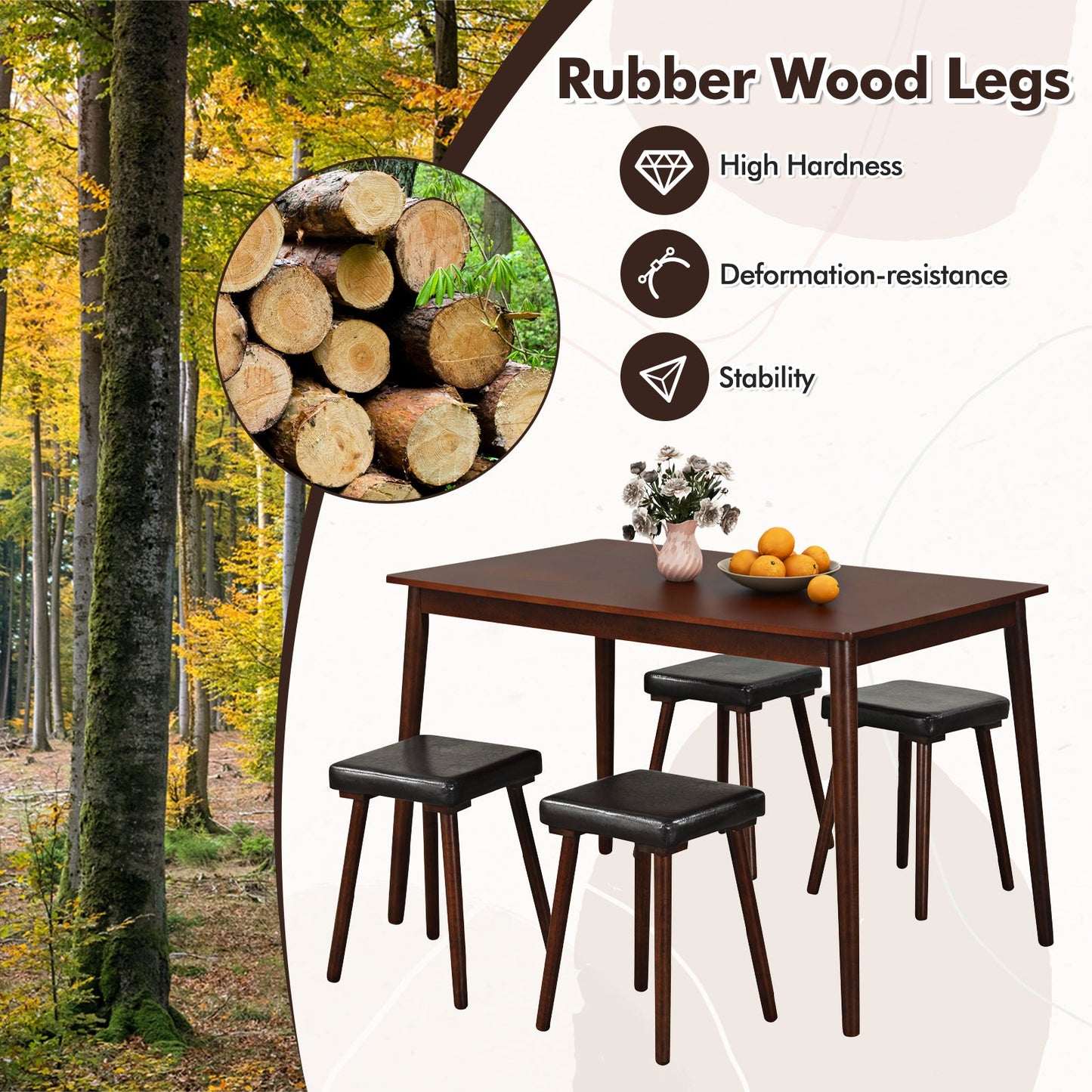 5-Piece dining table set for 4 with dark brown rubber wood legs and four black upholstered stools on Tampa Home & Garden Store
