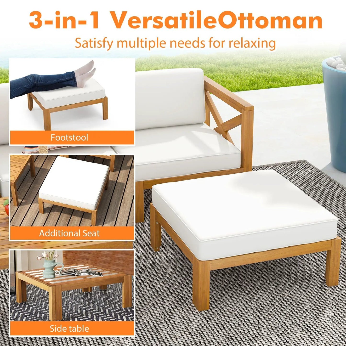 Outdoor conversation set with white cushions and natural wood frame including 3 chairs, 1 ottoman on Tampa Home & Garden Store